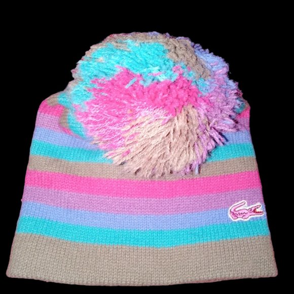 Authentic Izod Lacoste Striped Adult Beanie Hat with Pompom and Pink Alligator - Picture 2 of 4